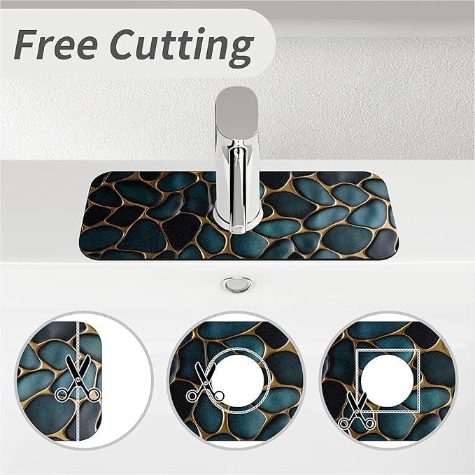 Kitchen Sink Splash Guard，Blue and gold stones Faucet Mat Sink Gadgets-Super Absorbent Fast Drying Mat Drip Catcher for Kitchen, Bathroom,Sink Mat, Dish Drying Mat, Bathroom(15" X 5.5" )