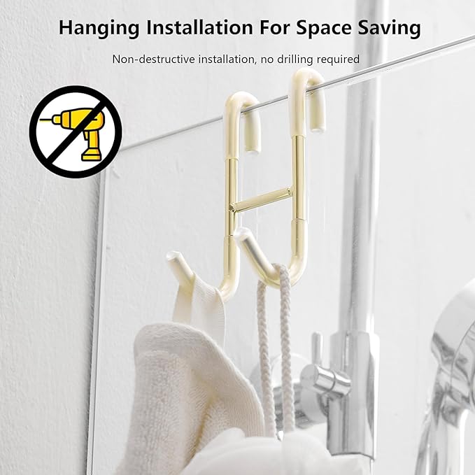 Shower Door Hooks (4-Pack), 304 Stainless Steel Towel Hooks Over Door Hooks for Bathroom, Drilling-Free Hanger Brushed Gold Shower Hooks