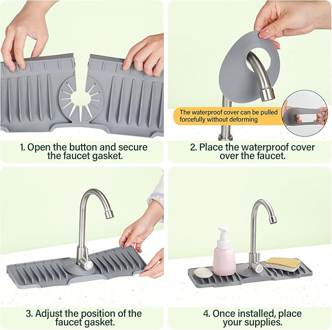 Silicone Faucet Splash Guard Mat for Kitchen Sink - Fast-Drain, Non-Slip Countertop Protector, Water Catcher Tray Behind Faucet, Easy Clean Silicone Drip Mat, 15.75"x 5.51"