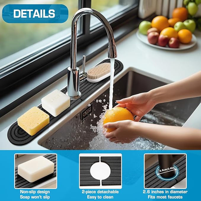 Diatomite Stone Faucet Mat For Kitchen Sink-Absorbent Fast Drying Stone Sink Tray,Faucet Splash Guard Counter,Quick Dry Sink Mat Around Faucet For Kitchen & Bathroom (Dark Gray-Oval,23.6" x 4")