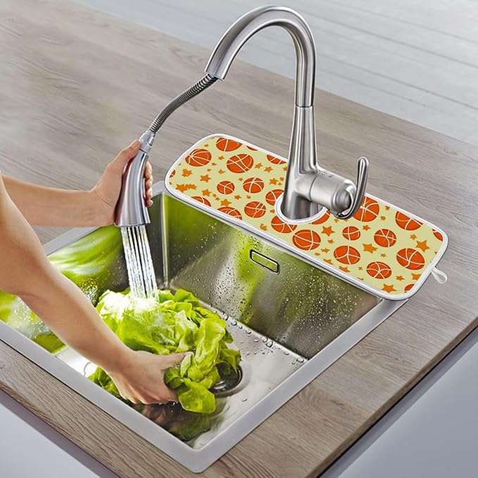 2 PCS Kitchen Sink Splash Guard 14.9 Inch Faucet Mat for Kitchen Sink Bathroom Sink Faucet Absorbing Drip Drain Mat Pad Microfiber Soft Washable Orange and Green Basketball Stars