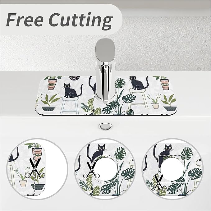 Kitchen Sink Splash Guard，Cats and potted plants Faucet Mat Sink Gadgets-Super Absorbent Fast Drying Mat Drip Catcher for Kitchen, Bathroom,Sink Mat, Dish Drying Mat, Bathroom(15" X 5.5" )