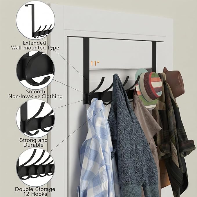 2 Pack Large Over The Door Hooks, Sturdy Door Hanger with 12 Hooks, Door Towel Rack for Bathroom, Bedroom, Kitchen, Coat Rack for Hanging, Easy to Install (Black)