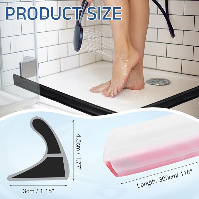 uxcell Shower Water Barrier, 118" TPE Splash Guard Shower Water Stopper Retention System for Bathtub Sink Washing Machine Dry and Wet Separation, 1.18"W x 1.77"H, Clear