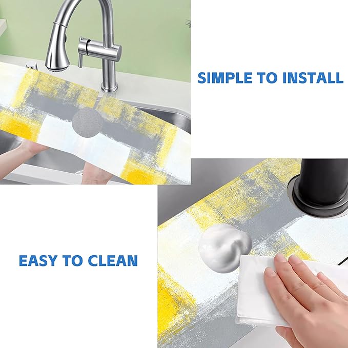 Grey and Yellow Abstract Kitchen Sink Splash Guard Mat Absorbent Fast Drying Mat Faucet Draining Mat Sink Splash Guard Behind Faucet Drip Catcher for Kitchen Bathroom 5.5"×24"