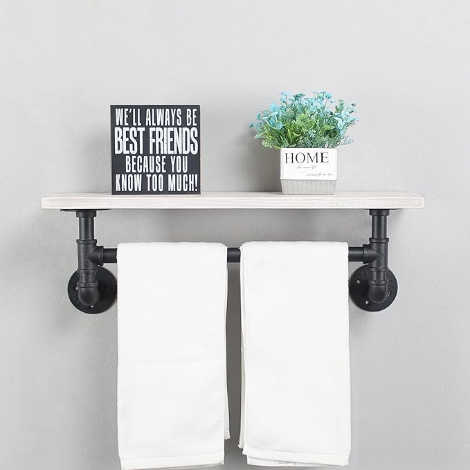 MBQQ Black & White Shelving Bathroom Pipe Shelves with Towel Bar Over Toilet, 24 inch Pine Wood Floating Shelves for Wall Mounted Bedroom,Kitchen, Farmhouse, Living Room