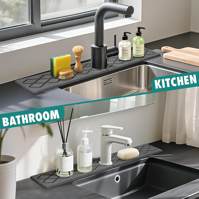 23.6 Inch Stone Faucet Mat for Kitchen Sink, Diatomite Absorbent Fast Drying Stone Sink Tray, Faucet Splash Guard Prevents Moisture for Kitchen Bathroom Countertop