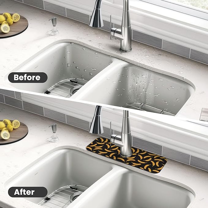 Yellow Banana Black Kitchen Sink Splash Guard Faucet Mat Super Absorbent Fast Drying Mat Sink Gadgets-Fast Drying Pad Sink Mat For Kitchen Bathroom (15" X 5.5" )