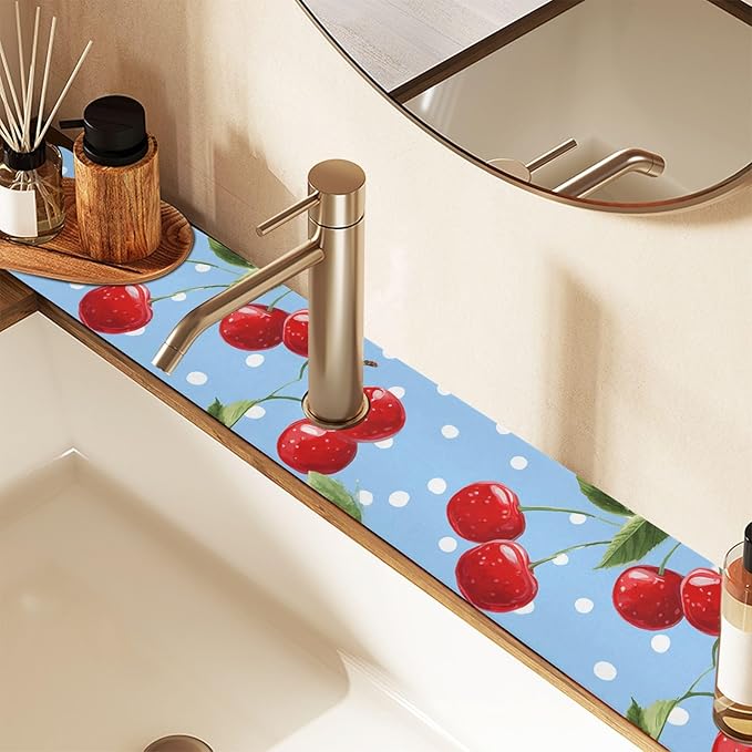 Kitchen Sink Splash Guard 2 PCS 14.7 Inch Sink Faucet Mat Splash Guard for Bathroom Countertop Water Absorbent Foldable Cuttable Soft Washable Light Blue Dots Red Cherry