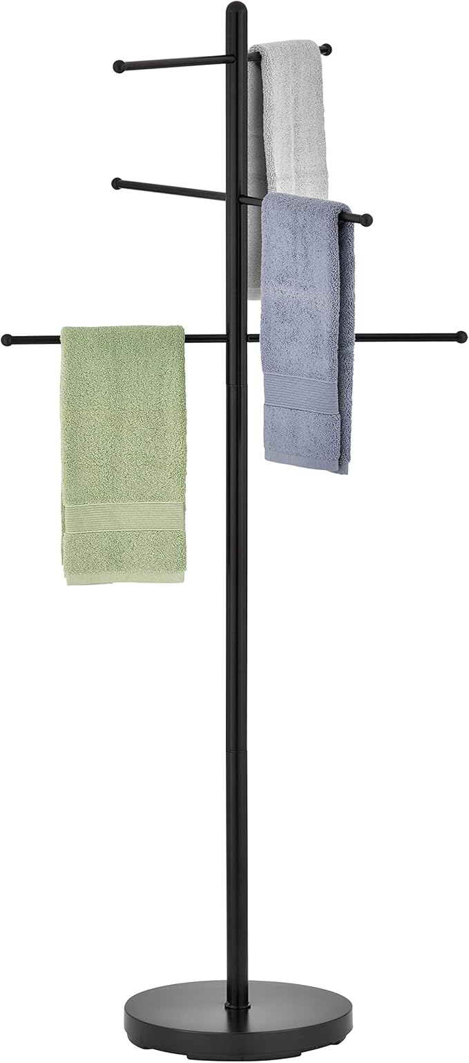 MyGift 6 Bar Outdoor Towel Rack for Pool, Modern Black Metal Free Standing Hot Tub Bathroom Accessories Storage Holder for Bath Towels, SPA & Poolside Towel Stand with Round Weighted Base