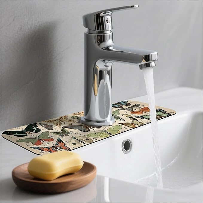 Kitchen Sink Splash Guard，moths and butterflies Faucet Mat Sink Gadgets-Super Absorbent Fast Drying Mat Drip Catcher for Kitchen, Bathroom,Sink Mat, Dish Drying Mat, Bathroom(15" X 5.5" )