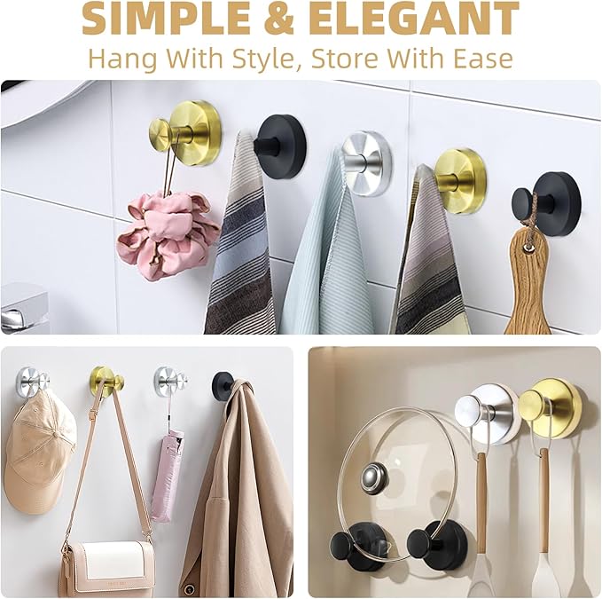 Suction Cup Hooks for Shower Heavy Duty Wreath Hangers for Front Door Waterproof Shower Hooks for Inside, No Drill Adhesive Towel Hooks for Bathroom, Kitchen, Glass Doors, Windows (4, Brushed Nickel)