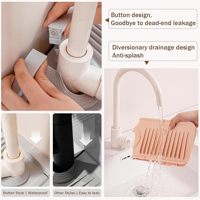 Longer Silicone Faucet Mat for Kitchen Sink – Button Style Faucet Drip Catcher & Leak-Proof Sink Splash Guard with 6° Slope, Behind Faucet Draining Mat,Gadgets for Bathroom (pink, large)