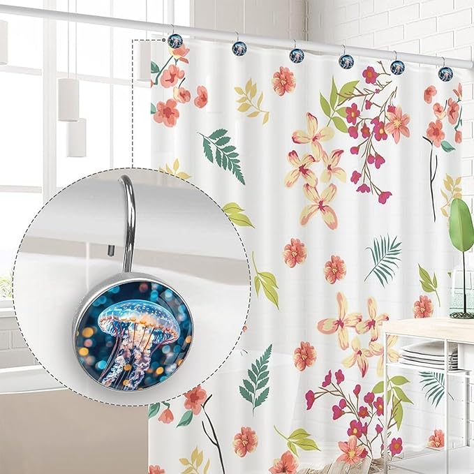 Jellyfish Decorative Shower Curtain Hooks,12 Pcs Rust Proof Glass Surface Stainless Steel Curtain Rings for Bathroom Bedroom Living Room Shower Rods Decor