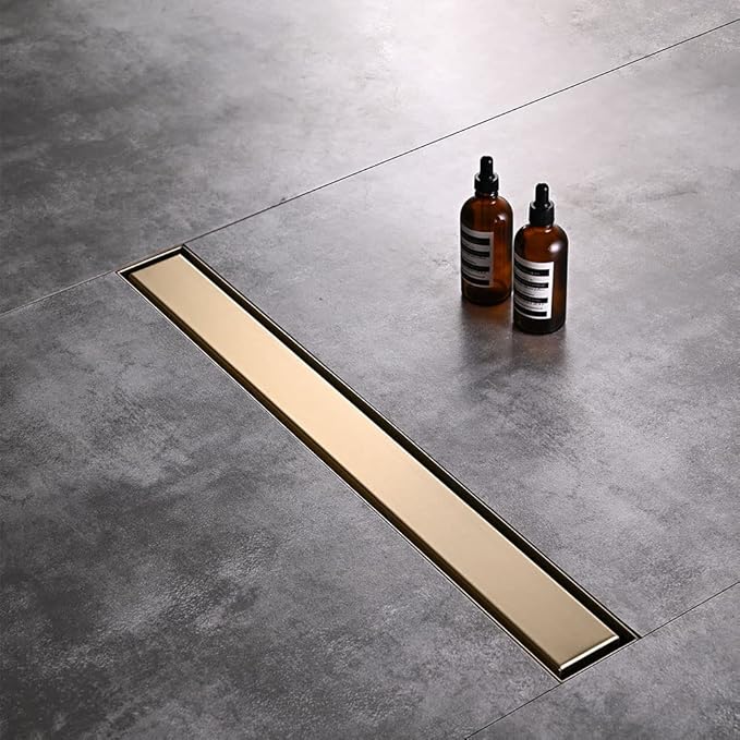 Linear Shower Floor Drain, Brushed Gold 36 Inch 304 Stainless Steel Bathroom Drains Kit, Rectangular Shower Trench Drain with Reversable Tile-in Pattern Drain Cover & Hair Catcher