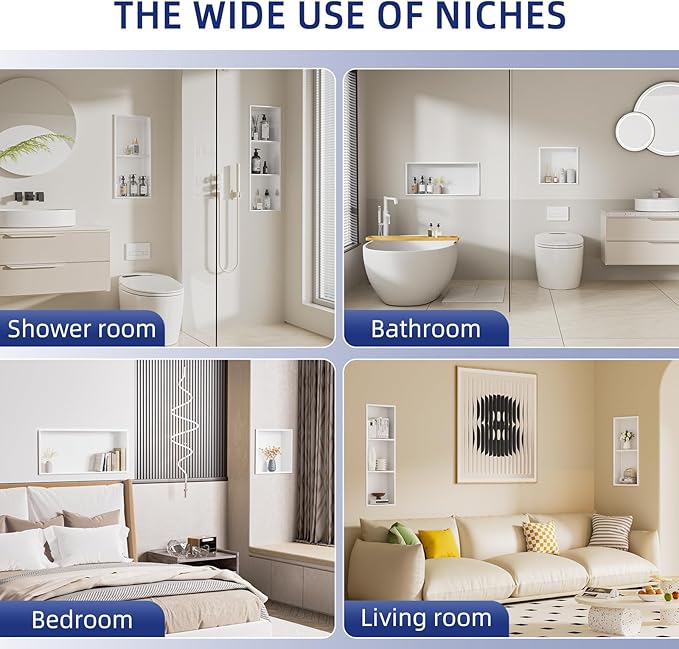 No Tile Needed Shower Niche - 304 Stainless Steel Niche Shower with 3- Tier Shelves Recessed Wall Niches for Bathroom Storage (White, 36 X 12 X 4.13 Inches, 3)