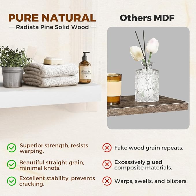 Floating Wall Shelf 36x6.8x1.7 Inch – Solid Wood Shelf in White Finish – Heavy Duty Wall Mounted Rustic Display Shelf for Living Room, Kitchen, Bedroom, Hallway – Set of 2