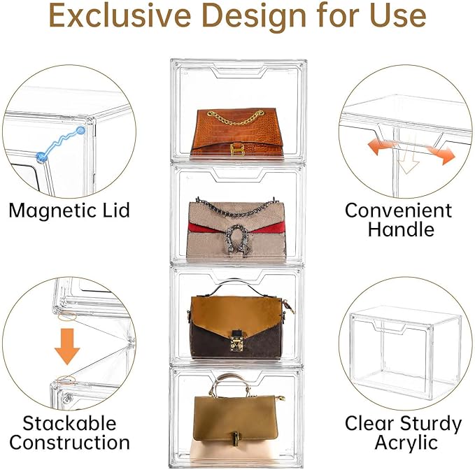 Stackable Storage Bins, Clear Acrylic Display Case, 5-Pack Acrylic Boxes with Lids, Clear Storage Containers Storage for Handbags, Collectibles & Figures