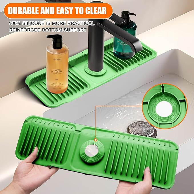 17.7" Green Button Style Faucet Drip Catcher – Silicone Faucet Mat for Kitchen Sink, Leak-Proof Splash Guard with 6° Slope | Behind Faucet Draining Mat Easy Gadgets for Bathroom Kitchen Countertops
