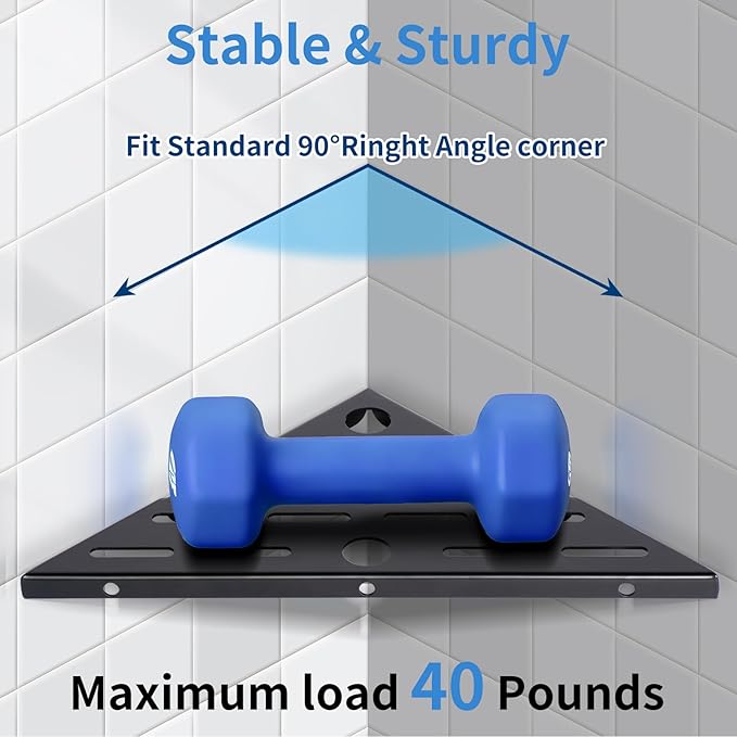 2 Pack Corner Shower Shelf,10" 304 Stainless Steel Bathroom Shelves Add 6 Hooks 40 lbs Heavy Duty Capacity Durable Bathroom Shower Shelf for Inside Shower Drilling Installation (Black)