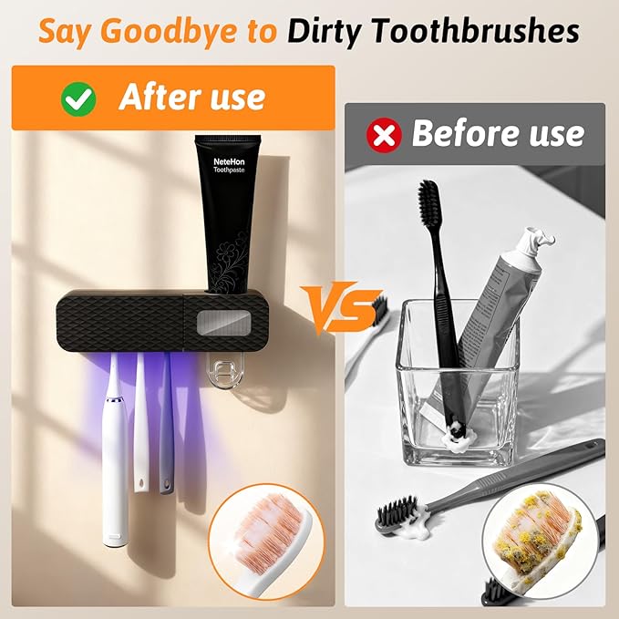 Smart Wall-Mounted Toothbrush Holder for Bathroom, Toothbrush Storage Organizer with 3 Slots, Toothbrush Holders with Toothpaste Dispenser for Drying Function (Rubber Paint - Black)