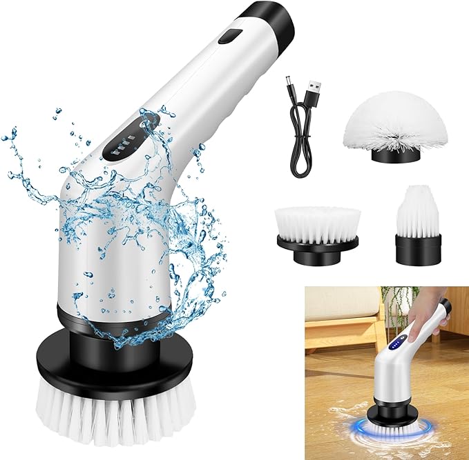 Electric Spin Scrubber, Cordless Cleaning Brush with 3 Replaceable Brush Heads, Tub and Floor Tile 360 Power Scrubber Dual Speed, Waterproof Bathroom Shower Scrubber for Bathtub, Kitchen, Window