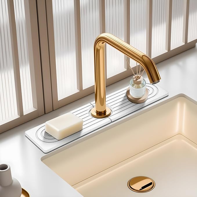White Diatomite Faucet Mat,Fast-Drying Stone Sink Tray&Splash Guard for Kitchen & Bathroom Sink | Ultra Absorbent Diatomite Countertop Protector(Rectangle,15.7" x 4")