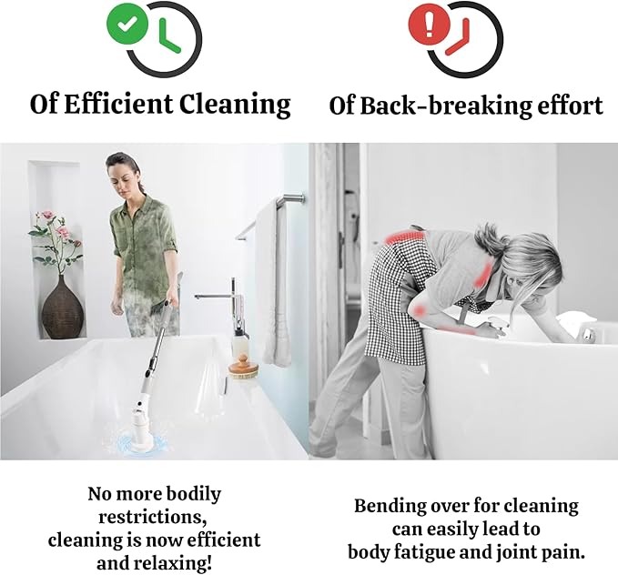 Electric Spin Scrubber with LCD Display,Shower Scrubber with Long Handle,Cordless Power Cleaning Brush with 8 Brush Heads, Electric Scrubber for Bathroom Kitchen Cleaning,IPX7 Waterproof