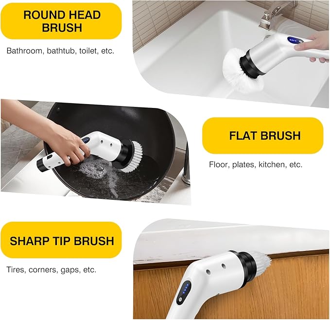 Jupitor Electric Spin Scrubber 3-in-1 Cordless Cleaning Brush - Soft Nylon Bristles, Dual Speed, USB Chargeable, White