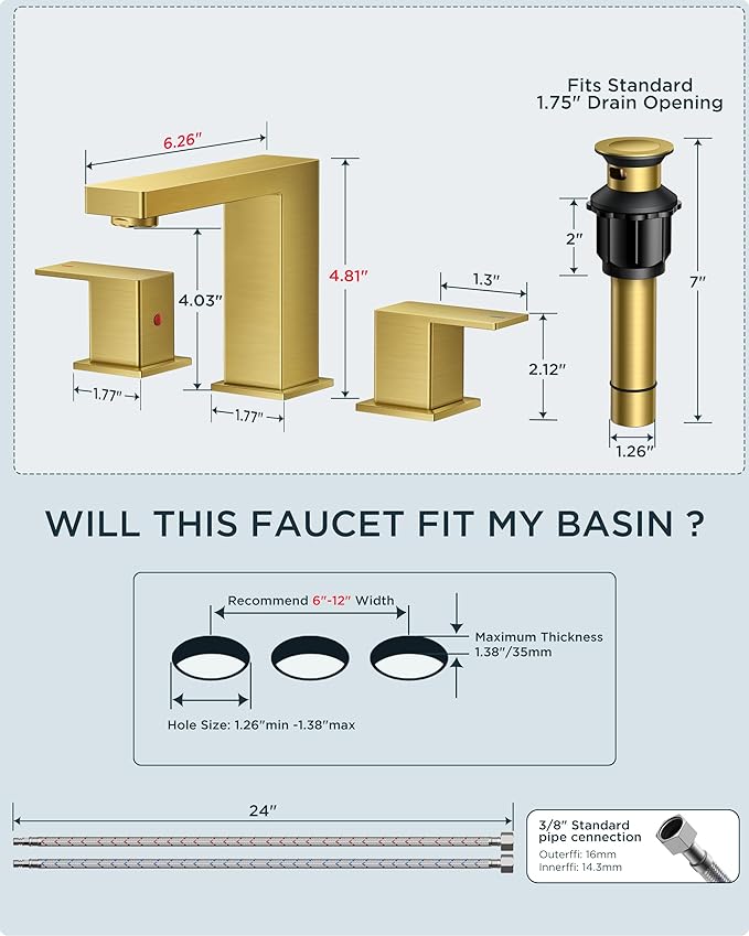 FORIOUS Gold Bathroom Faucet 3 Hole, Square 2 Handle 8 in Widespread Brushed Gold Bathroom Sink Faucet 3 Hole with Metal Drain, 24" CUPC Supply Lines and Spare Aerator, Vanity Sink Remodel