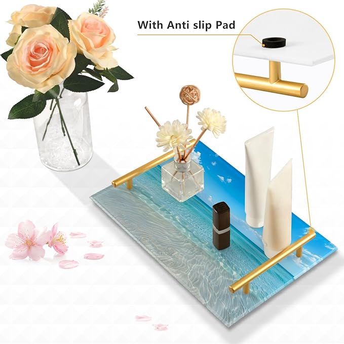 Blue Ocean Vanity Tray Acrylic Bathroom Countertop Tray Ocean Decorative for Kitchen Desk Organizer Makeup Storage Tray