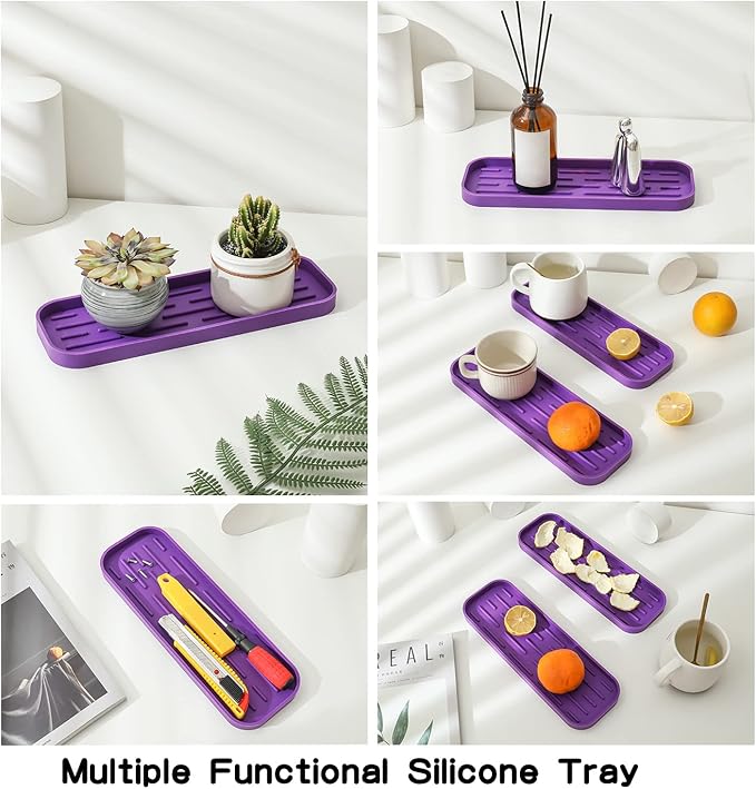 Silicone Kitchen Sink Organizer Tray for Multiple Usage,Eco-Friendly Sponges Holder for Kitchen Bathroom Counter or Sink,Dish Soap Dispenser,Scrubber,Bottle,Cup (Purple, 12"×4")