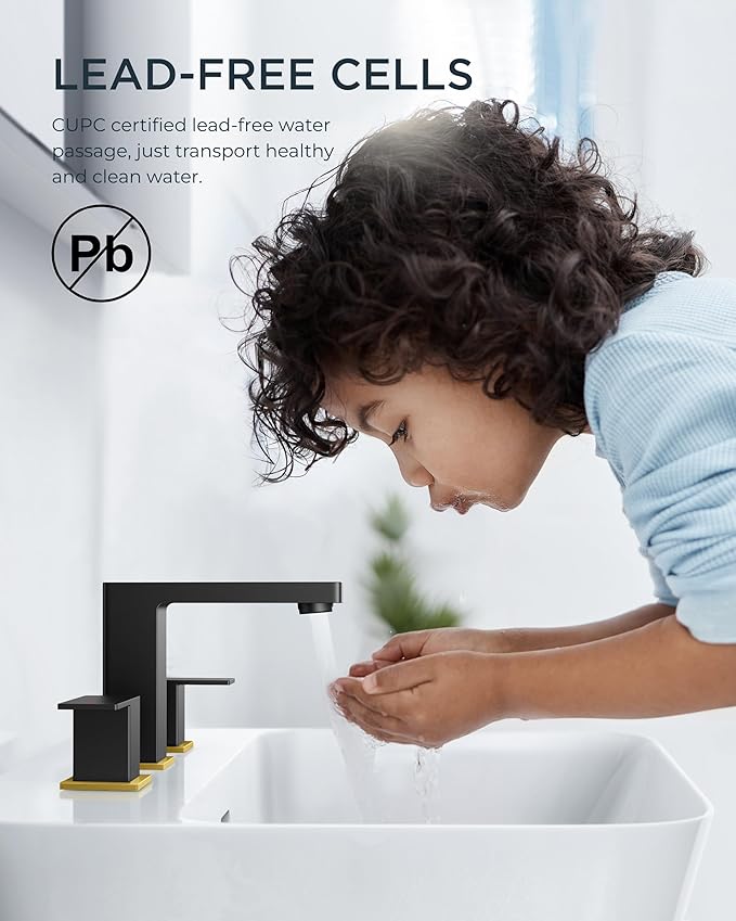 FORIOUS 8 Inch Widespread Black and Gold Bathroom Faucet Square, 2 Handle 6 Inch Matte Black Faucets for Bathroom Sink 3 Hole 8-10 Inch Vanity Sink, with Pop-up Drain, Hot and Cold Water Hoses