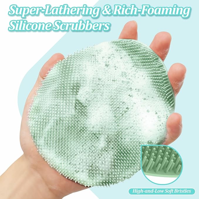 Silicone Bath Gloves 2PC, 360° Anti-Slip & Enlarged Silicone Body Scrubber for Rich Foaming Deep Cleaning, Revolutionary No-Grip & Hand-fit Shower Scrubber for All Skin Types(Black+Green)