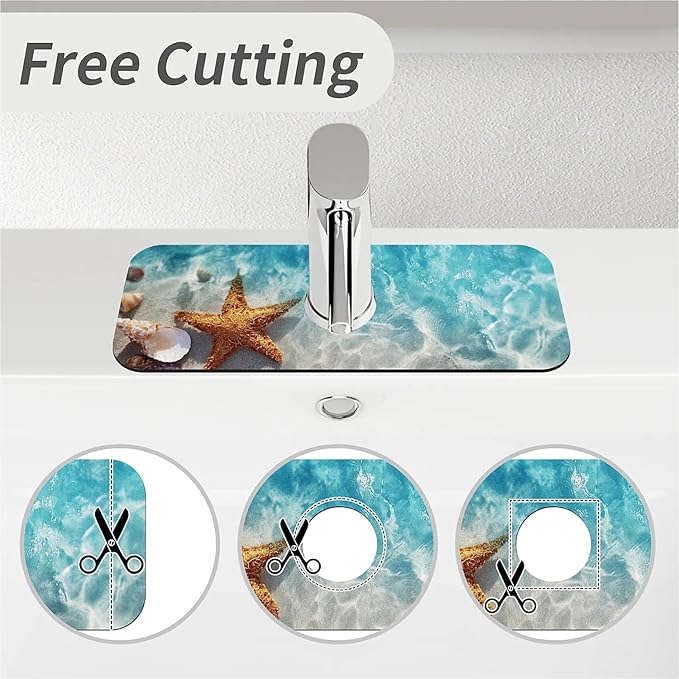 Kitchen Sink Splash Guard，Starfish Shell Beach Faucet Mat Sink Gadgets-Super Absorbent Fast Drying Mat Drip Catcher for Kitchen, Bathroom,Sink Mat, Dish Drying Mat, Bathroom(15" X 5.5" )