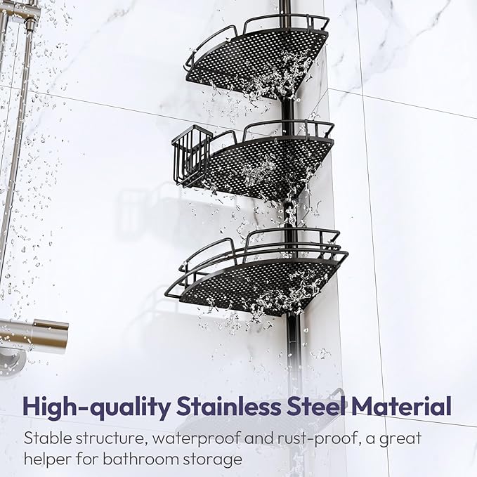 SWTYMIKI Shower Caddy Tension Pole - 4-Tier Corner Shower Organizer Tension Rod, Toothbrush Holder & 4 Hooks, Adjustable Stainless Steel Bathroom Organizer 27.6 to 108.3 inch, Black with Towel Bar