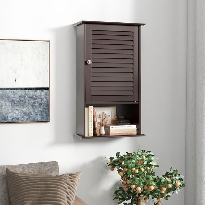 Tangkula Medicine Cabinet, Wall Mounted Bathroom Cabinet Single Door Wooden Bathroom Wall Cabinet with Adjustable Shelf (Brown)