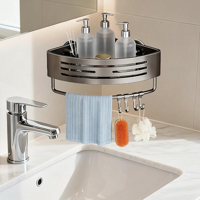 Corner Shower Shelf Caddy Suction Cup, No Drill Hole with Towel Bar and Hook, Gray Bathroom Storage Rack, Zero Drill Triangle Shelves, Store Toiletries and Bath Towel for Bathroom Kitchen RV