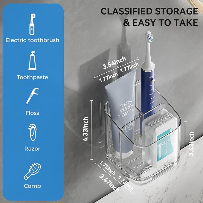 Toothbrush Holders for Bathrooms, 3 Slots Detachable Electric Toothbrush Holder Wall Mounted with Divider, Removable Tooth Brush and Toothpaste Holder Organizer for Bathroom/Kitchen/Office