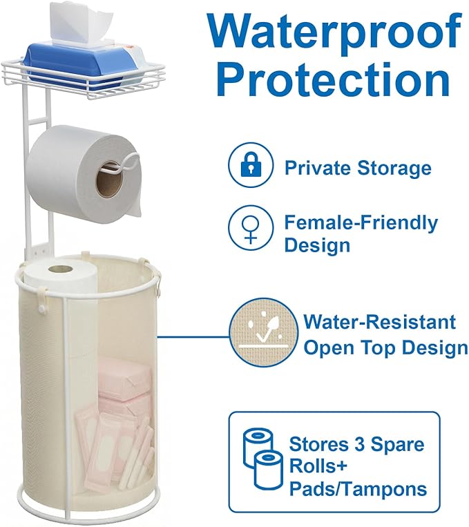 Standing Toilet Paper Storage Rack, Rustproof Metal Stand Up Toilet-Paper Roll Holder, Free Standing Tissue Holder for Bathroom, Tissue Holder with Shelf for Wipes & Phone, White