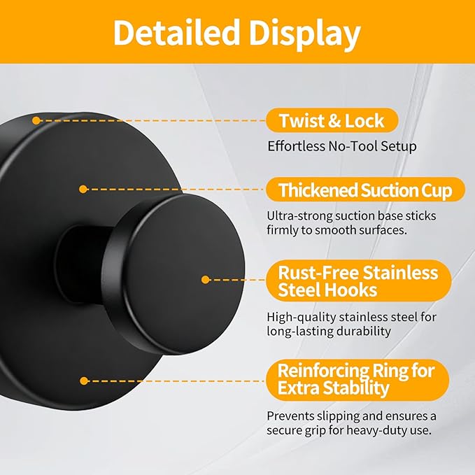 4 Pack Suction Cup Hooks, Removable Stainless Steel Drill-Free Heavy Duty Strong Suction, Reusable Waterproof Hooks for Bathroom Kitchen Mirror Tile Glass, Wall Hooks for Hanging Towels Keys(Black)