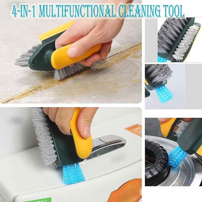 4-in-1 Grout Brush with Squeegee,Durable Bristles,Heavy-Duty Scrub Brushes for Cleaning with Stiff Bristles Cleaning Brush for Bathroom & Kitchen,Tile Floors Bathroom Wall/Corner/Window (Green)