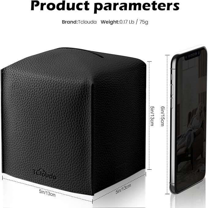 Tissue Box Cover, Tclouda, Modern PU Leather Square Tissue Box Holder for Creative Decorative, Ideal for Bathrooms/Office/Car/Nightstand/Outdoor Tent/Dining Table, 5"X5"X5", Single Black