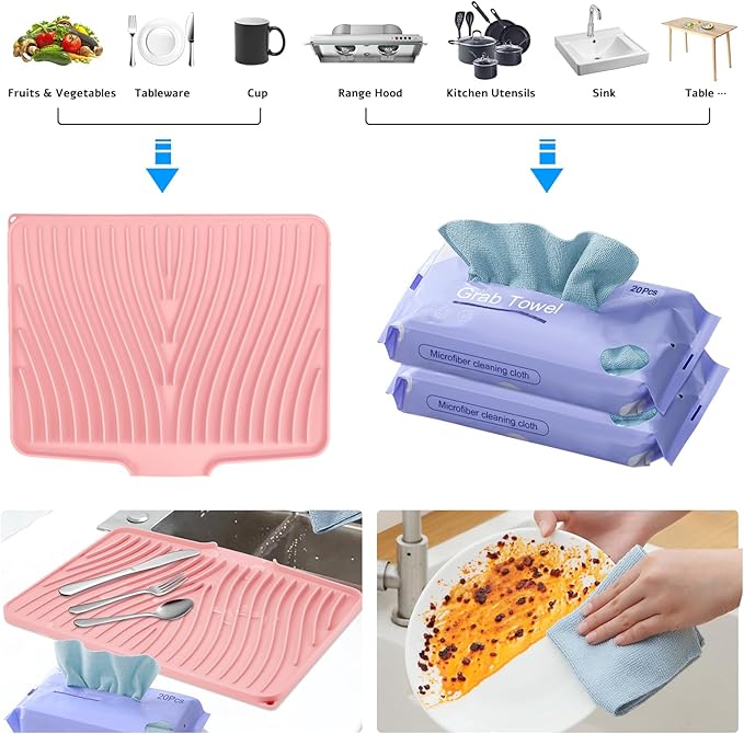 Silicone Dish Drying Mat, Stone Drying Mat for Kitchen Counter with Built-in Drain, Non-Slip 16" X 12" Drying Matt Kitchen Counter and Grey Microfiber Cleaning Cloth, Cleaning Rags Set(Pink)