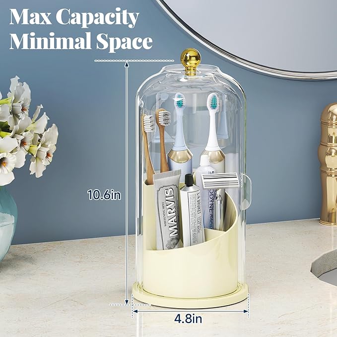 Delamu Toothbrush Holders with 360° Smooth Rotating Base, 3 Slots Bathroom Organizer Countertop with Sliding Lid, Brush Toothpaste Holder Makeup Brush Organizer for Vanity, Creamwhite