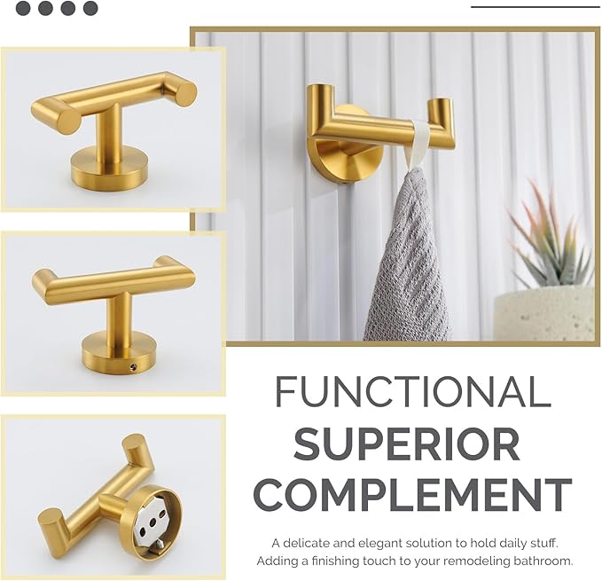 Angle Simple Bathroom Double Hook Brushed Dark Gold, SUS304 Stainless Steel Bath Towel Holder, Double Robe Hanger Wall Mount