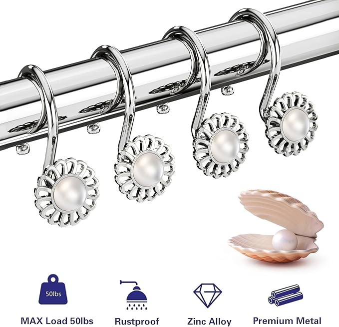 Silver Shower Curtain Hooks Rings, Decorative Shower Curtain Hangers, Heavy Duty Metal Shower Rings, Sunflower Shower Hooks for Shower Curtain Rod and Liner, Bathroom Curtain Hooks, Chrome, iToplin