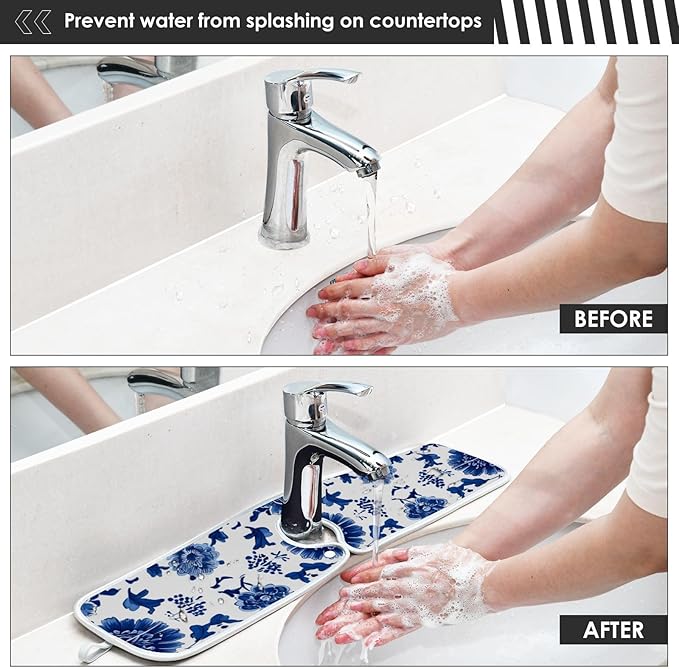 2 PCS Kitchen Sink Splash Guard 30 Inch Faucet Mat for Kitchen Sink Bathroom Sink Faucet Absorbing Drip Drain Mat Pad Microfiber Soft Washable Floral Blue and White Tile