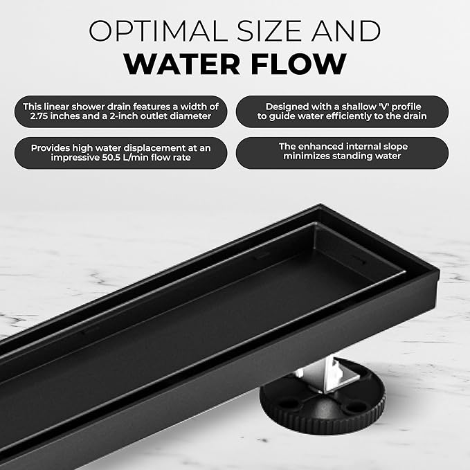 36 Inch Rectangular Linear Shower Drain Set with Reversible Flat & Tile Insert Cover, 304 Stainless Steel Bathroom Floor Drain with Hair Catcher, Shower Floor Drain Includes Adjustable Leveling Feet