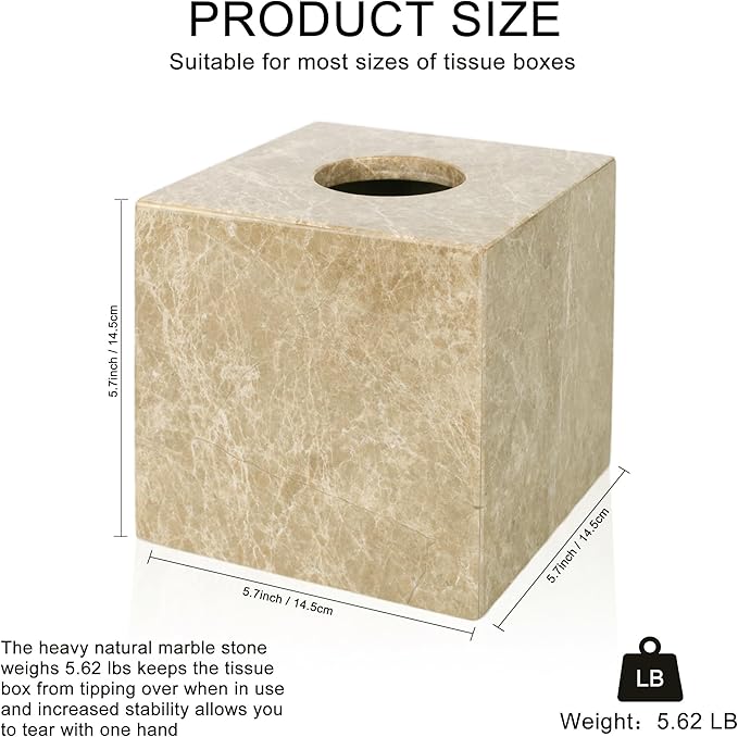 Natural Marble Tissue Box Holder Cover, Square Cube Tissue Box Holder with Open Bottom for Bathroom Vanity Tops, Bedroom Dressers, Kitchen Countertop, Light Brown (NS042)
